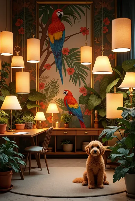 Un grand  atelier beaucoup d’abat jour cylinder moderne 
Avec des motifs de perroquet , jungle , floral botanic avec une ambiance rustique et chaleureuse et avec mon chien caniche abricot 