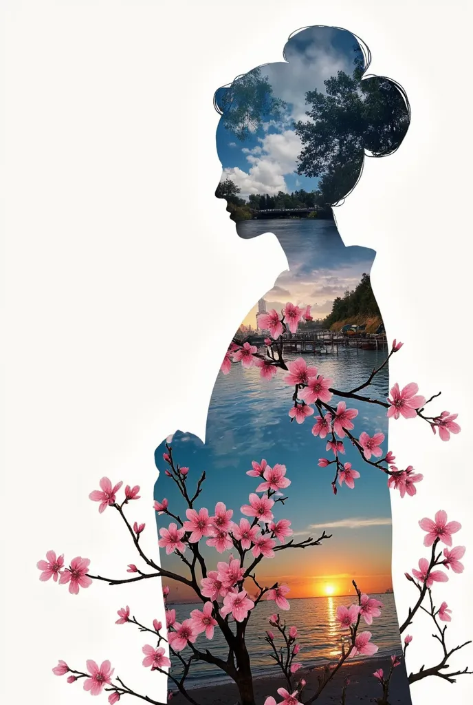 high quality, 8k ultra hd, a beautiful double exposure that combines an goddess silhouette, there's a serene with sunset coast, ...