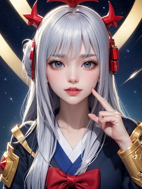 masterpiece，Best Quality，8k， detailed skin texture from fingertip correction， Detailed Cloth Texture ，Beautifully detailed face， complicated details，Ultra-detailed，Rei Ayanamiの肖像， Silver Hair，Red colored eyes， black headgear on the head,Pixieカット，Shining Sk...