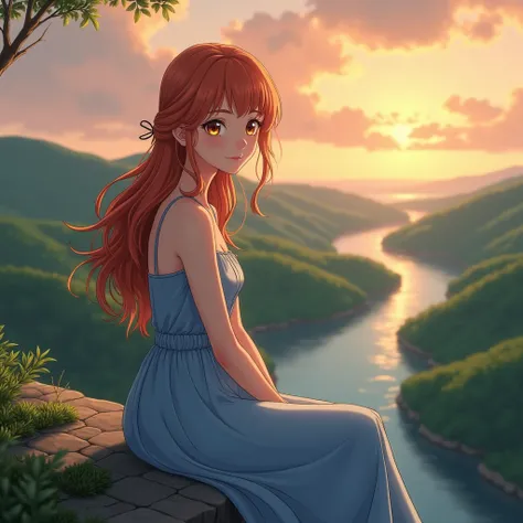 anime woman with long, bright ginger hair sits gracefully on the edge of a serene cliff, her striking, almost red, brown eyes gazing directly at the viewer. Behind her, the sky glows with warm sunset hues, casting a soft light over the rolling hills and a ...