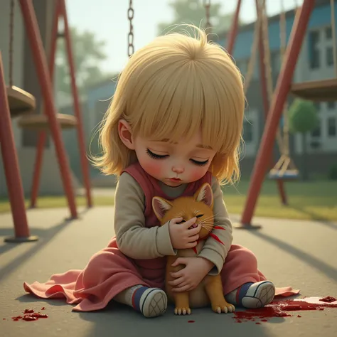 A little blond girl is crying and holding a bleeding ochre-colored kitten on an elementary school playground,Actual photo