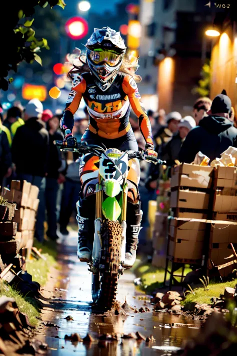 yamaha wr250, motocross race, cute female racer, brown skin, wearing motocross boots, full of mud, abs, jumping over a hill, nig...