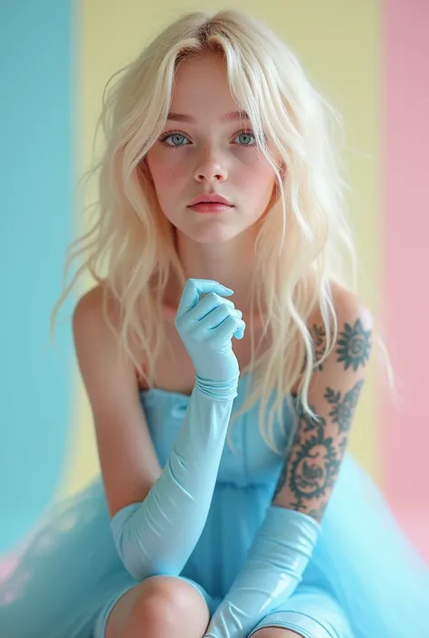 Cute blonde girl with pink streaks, pastel blue latex skater dress, latex gloves, tattoos