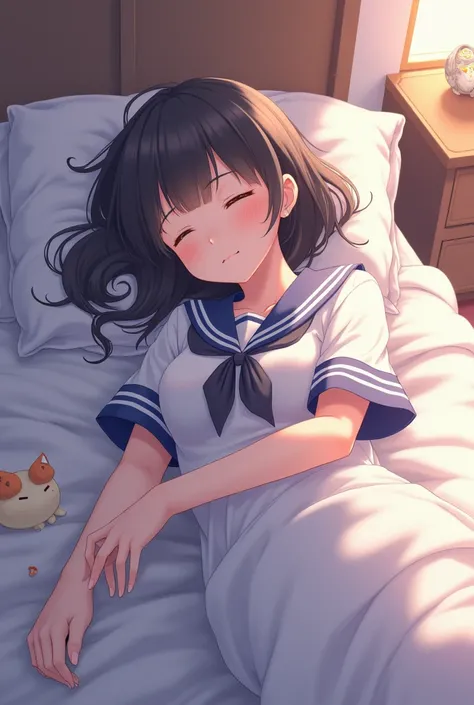 Anime girl with Japanese uniform have large breast is sleeping in her bedroom 