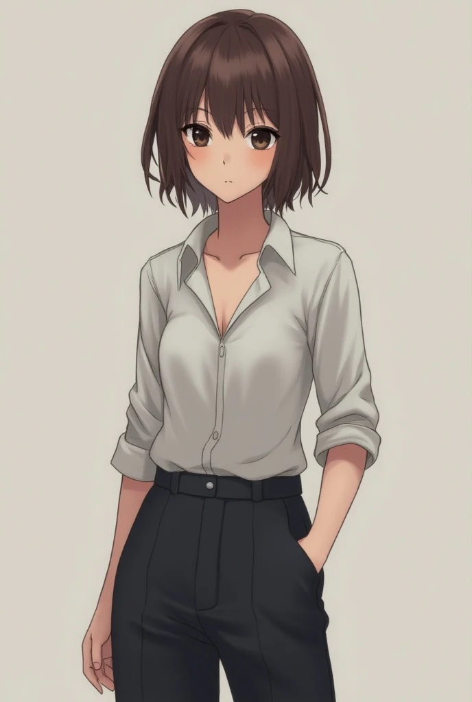  Anime character who has short brown hair who is skinny, who has no boobs, a cool shirt and black lenses, full pants and a flank skin tone and who is half a man and half a woman but who has no breasts and who has eyes of permeation