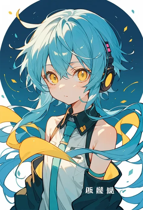 anime, yellow dragon eyes, light blue hair, cool, femenine, music cover concept, young, androginous, vocaloid song art, album cover,
