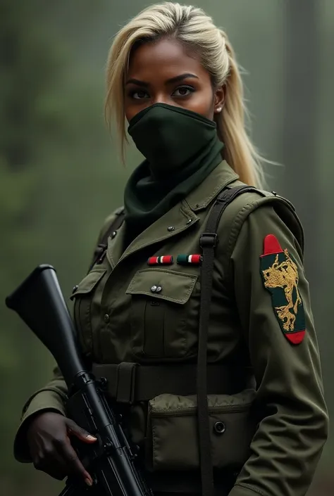 create a beautiful full-length african blonde woman with a mask on her mouth, a long-sleeved uniform and an armed forces beret with a print of the african flag on her arm and an ak47 rifle