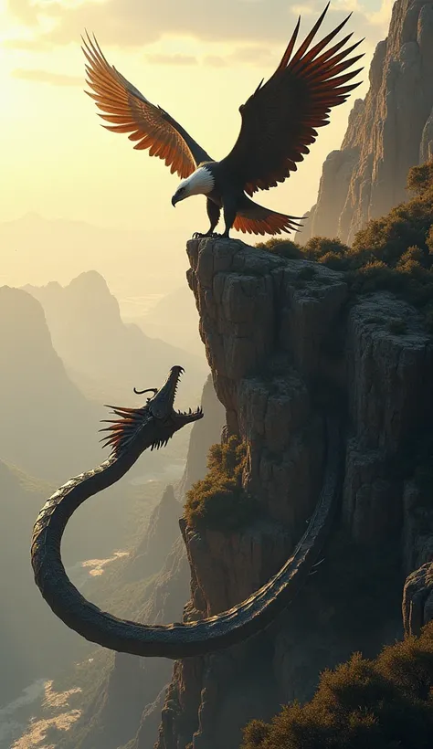 majestic eagle perches atop a rocky cliff, wings spread wide, facing a dragon coiled beneath, its scales glistening in the sunlight, the air tense with anticipation.