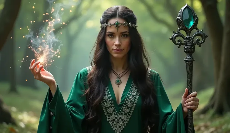 In a mystical realm where magic flows like a river, a powerful female sorcerer stands at the edge of an ancient forest. She bears a striking resemblance to Emilia Clarke, with long, dark hair cascading in soft waves around her shoulders, framing a face tha...