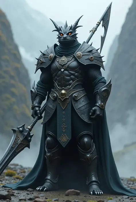 high quality, 8K Ultra HD, Black Dragonborn wearing plate armor, wielding a Glaive, fantasy background, shiny armor, no helmet.