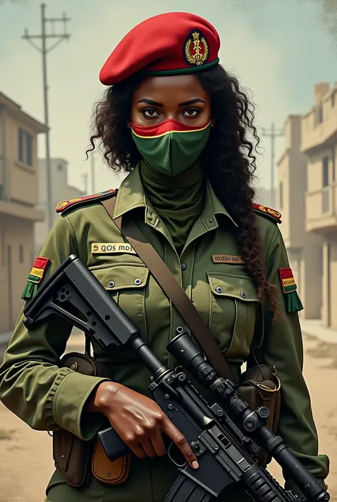 create a beautiful full-length african woman with a mask on her mouth, a long-sleeved uniform and an armed forces beret with a print of the african flag on her arm and an ak47 rifle