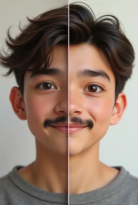 Two similar voices of an 18 year old boy, one with a mustache and the other without a mustache. The picture looks very realistic. 