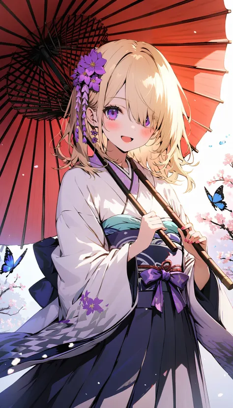 1girl, solo, looking at viewer, blush, smile, open mouth, blonde hair, long sleeves, purple eyes, flower, japanese clothes, medium hair, wide sleeves, kimono, hair over one eye, bug, butterfly, hakama skirt, holding umbrella, oil-paper umbrella, egasumi, y...