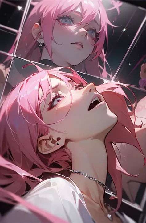 ((masterpiece:1.2)).8k.、     sexy、Center of chest、     Rise of the Chainsaw Man      、Beauty、     yandere、、       Face Closeup   、      Painful Screaming Kiss       、     chest tattoo     、      Christian Dior necklace bouquet 、((Pink Hair)).((     look up...