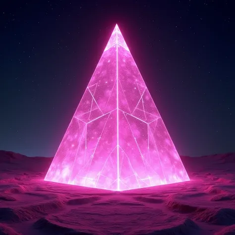 A hologram of a beautiful pink neon pyramid, night time