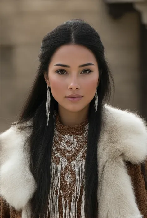 woman in her late 20s, inuit american, very traditional!!,  traditional style clothing and hair, dark eyes, long dark hair, photography shot in a medieval city, depth of field,
