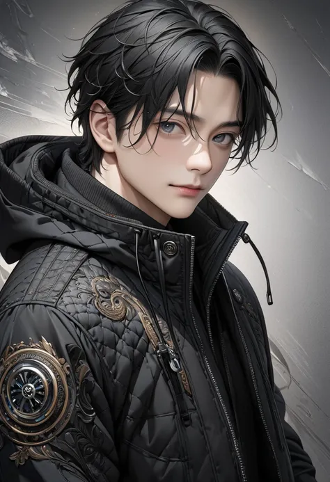    Handsome mature young boy half-length photo taken, jet black-haired man wearing black windbreaker( perfect anatomy ). Detailed face. realistic gray eyes. 

               The face and eyes are very detailed. Delicate skin.、Delicate skin texture smile, B...