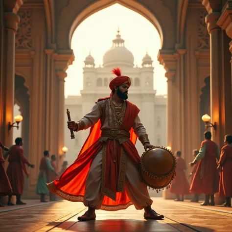 A Rajasthani traditional Indian soldiers playing traditional drums in a royal palace on castle setting. The sound echoes through the air.