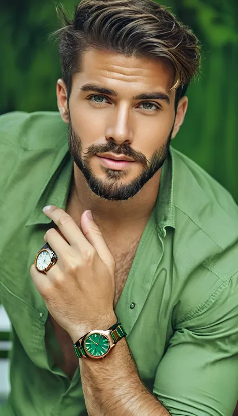 a european man with a beard and a watch on his wrist., attractive man, handsome and attractive,  handsome male , attractive man,...