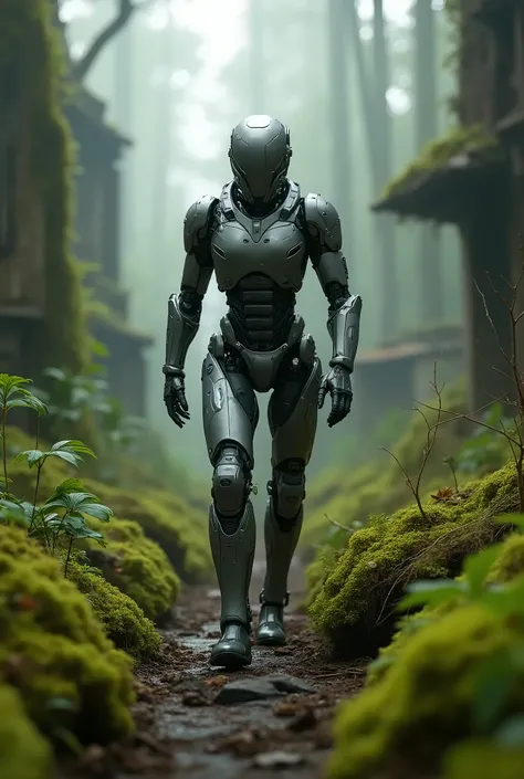 Futuristic and realistic robot walking in a post-apocalyptic forest