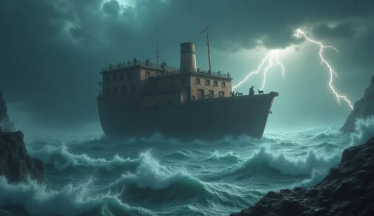  In biblical times it flooded a lot of water very strong rain a lot of lightning and falling winds a lot of water flooding everything, And Noahs Ark flowing over the waters. Create in an artistic and impactful style