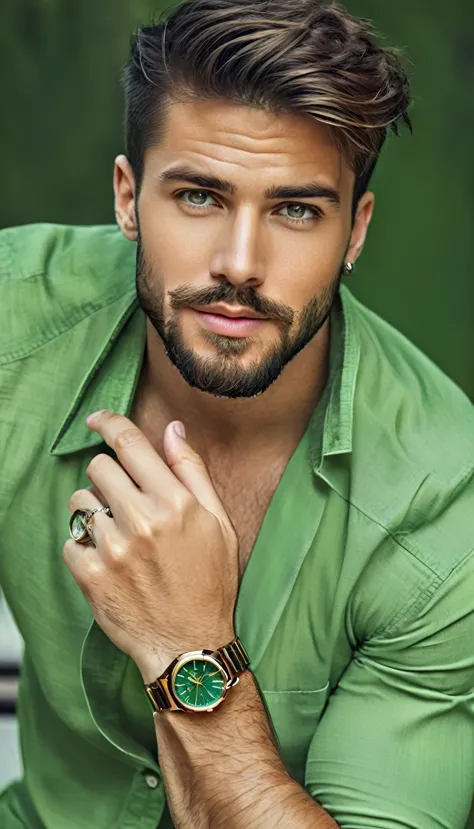 a european man with a beard and a watch on his wrist., attractive man, handsome and attractive,  handsome male , attractive man,...