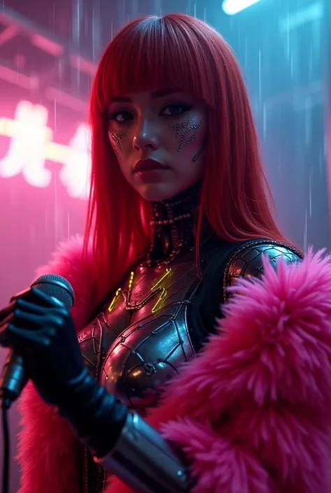 Medium shot, ultra-realistic, photorealistic, dramatic scene, shadow, global-illumination, solo, Girl、fog、 rain, wet, cyberpunk, metal body, body of steel, luminescent neon pink fur、monochrome、pink fur、hyperrealistic, neon, made up, cybernetic cyborg body,...