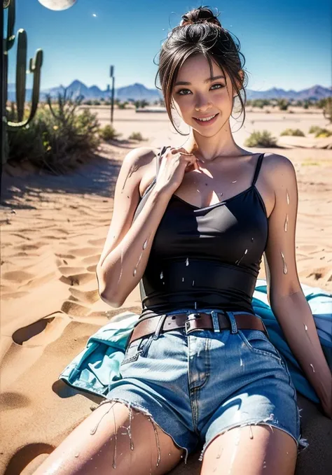 (((口を大きく開けて Im sticking out my tongue))), (((Aerial photography))), (((The desert in the background is reminiscent of Mad Max.))) , (((night))), (((Starry sky and moon))),A boldly composed photograph of a Japanese woman that looks like it was taken by a fa...