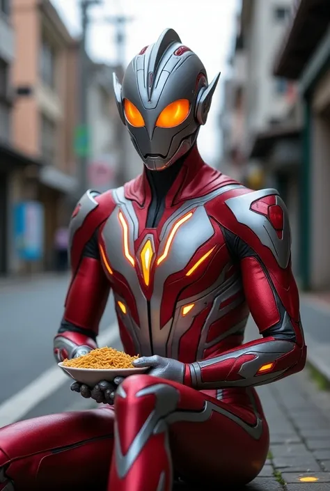 Create an Ultraman-inspired heroic, wearing a futuristic metallic suit with a signature red and silver color pattern. The suit should have a sleek, angular design and radiant accents on the chest, eyes and limbs. The characters face should have large, expr...