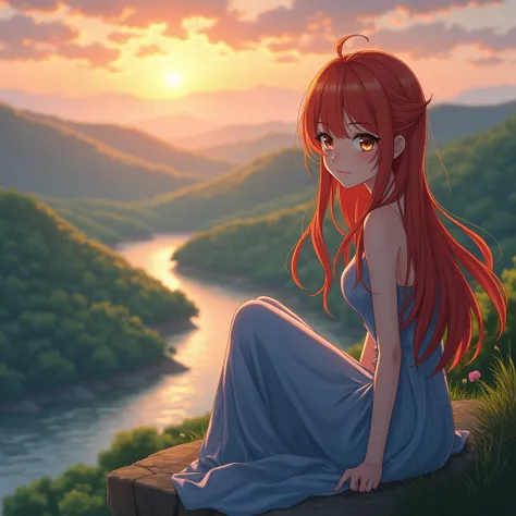 anime woman with long, bright ginger hair sits gracefully on the edge of a serene cliff, her striking, almost red, brown eyes gazing directly at the viewer. Behind her, the sky glows with warm sunset hues, casting a soft light over the rolling hills and a ...