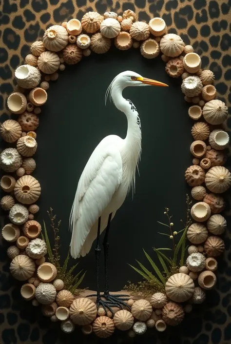 Circle formed by shells , jaguar skin background ,  with a white heron in the center