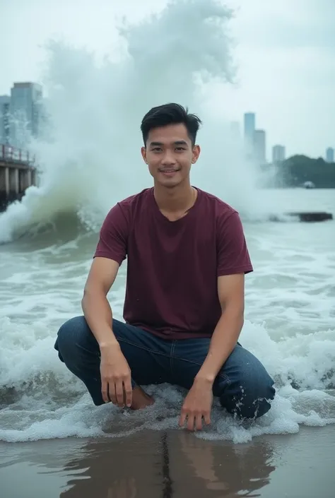  Professional photography featuring a 
Handsome Indonesian man with short neat dark hair ,  wearing a maroon t-shirt , long jeans,  sitting back on the dock ,  half a foot deep in the water , he smiles kindly towards the camera,  huge waves crashing down t...