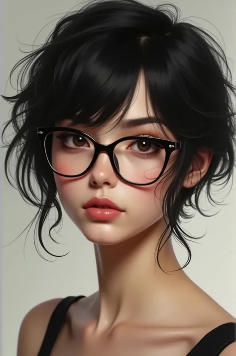 Create a image of a low hair cut black beautiful girl wearing glasses having a beauty mark