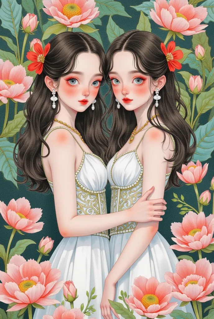 a watercolor painting ：two girls surrounded by flowers， victorian dress ,  ethereal fairy tale , retro fantasy style,  upper bod...