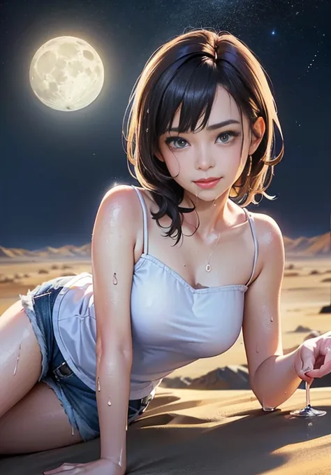 (((口を大きく開けて Im sticking out my tongue))), (((Aerial photography))), (((The desert in the background is reminiscent of Mad Max.))) , (((night))), (((Starry sky and moon))),A boldly composed photograph of a Japanese woman that looks like it was taken by a fa...