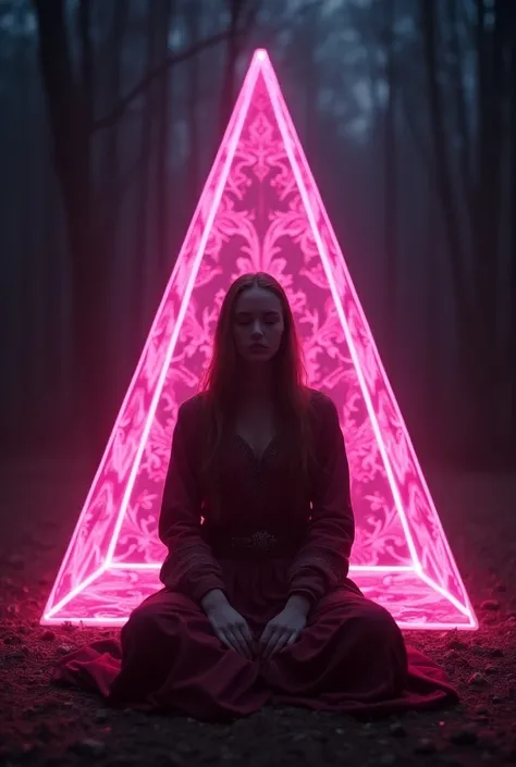 A 30 years old medieval woman meditating inside a pink neon hologram pyramid, 8k, neo-noir 