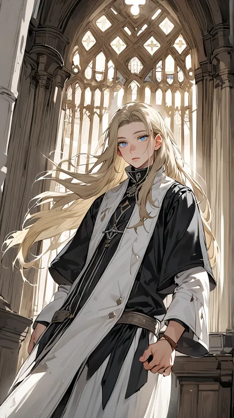 youth，Western Fantasy， blond hair ， blue eyes ，black and white priest costume，church，Long hair，male