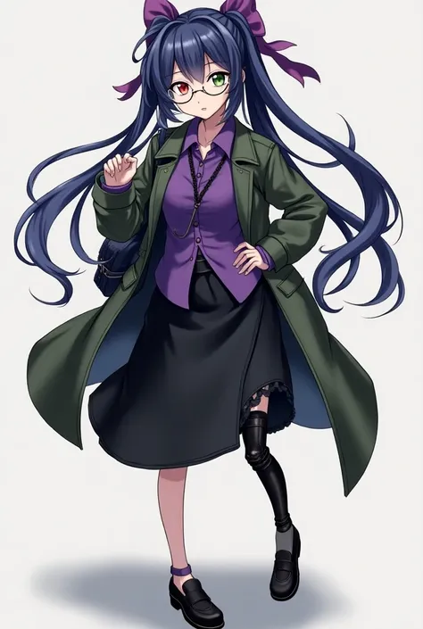  Dark Blue Long Ponytail with Purple Bow 、 Different Color Eyes （Left red、Right olive green）、 Silver Frame Glasses 、Leg Prosthesis 、Purple Mens Shirt with Black Lace and Knee Length Skirt、 Army Green Military Coat、 Black Womens Leather Shoes 、 Carry a Dark...