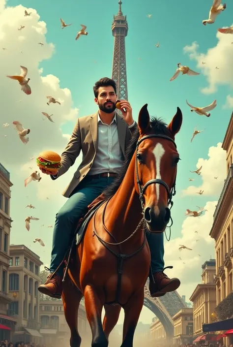 Man eating a burger riding a horse while desteoying eiffel tower and calling his mom and going towards galle railway station 