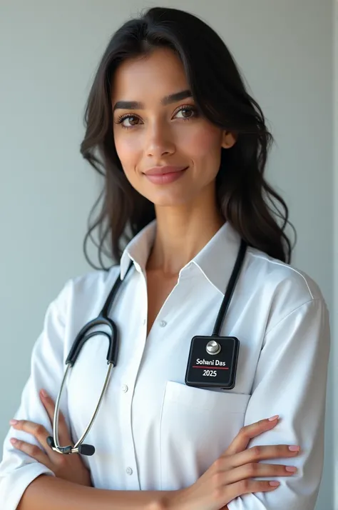 Sohani named girl with white apron and stethoscope and black batch in her apron written Sohani Das Mbbs 2025