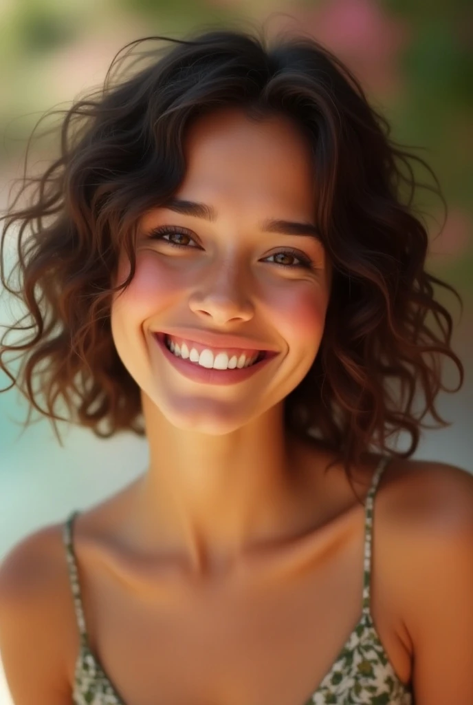 woman, round-eyed brunette with a radiant smile and curly hair with round red cheeks 
