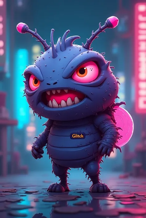 A cartoon character named "Glitch," appearing as a bug-like creature with a pixelated, glitchy appearance that changes shape slightly. He has an energetic, mischievous expression and looks like he’s constantly shifting. The word "Glitch" is written in smal...