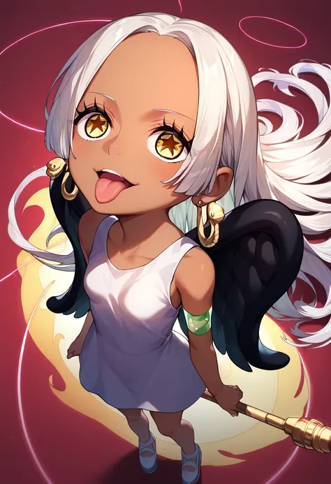 UHD, retina, textured skin, high details, high quality, best quality,  highres icon, 1080P, HD, 16k、1 Girl,Earthsnake , Long Hair, white hair, Brown Skin、,  earrings for a woman alone, Yellow Eyes, symbol-shaped pupils,  black wings  ,  small breasts.  sun...