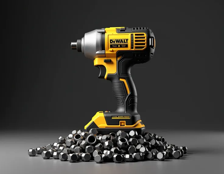 in the background there is a pile of metal nuts, on top of the nuts lies a battery-operated brushless wrench from DeWalt