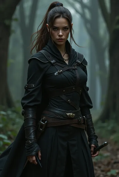 A close -up of  Woman with brown hair with a ponytail Standing on  ،wearing black clothes and holding a sword in the forest, assassin, steel detective, beautiful assassin, dark, warrior thief, tiefling rogue, female rogue, female, assassin, beautiful rogue...