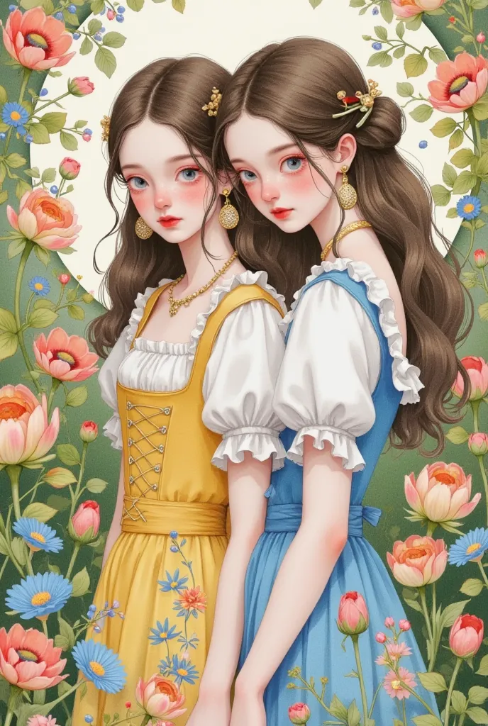 a beautiful watercolor painting of two girls surrounded by flowers, wearing victorian dresses, ethereal fantasy, vintage whimsic...