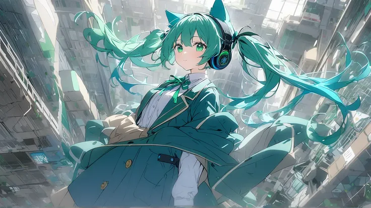 One person、solo、 girl、 green hair、Green Eyes、blue cat ears、 blue headphones 、green school ribbon、 white shirt、 brown coat、 high school students、 twin tails、Thumbnail