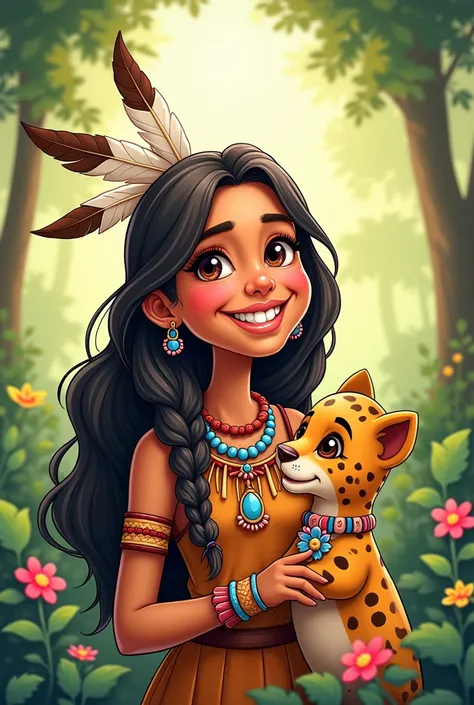  Cartoon of an indigenous  smiling wearing a feather headdress and seed necklace, with flowers in her hands and a leopard puppy smiling on a sunny day in the forest 