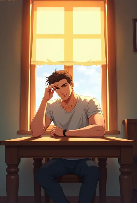 A handsome man sits at a table in front of the window, with two legs resting on the table, leaning against a chair, looking up, one hand lifting up a sunshade that shines from the window, anime
