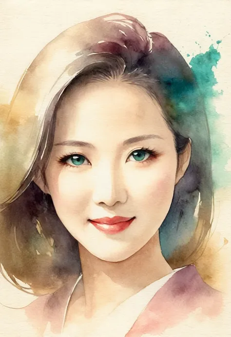 Watercolor、 old paper texture、Damaged Paper、Old style、Faded colors、composition、Golden Ratio、Functional、grace、 details、background、Soft colors、Blurry lines Fujisaki Ayano 、48 years old、round face、 Teal Eyelids、 An elegant woman with fine smiles and plump lip...